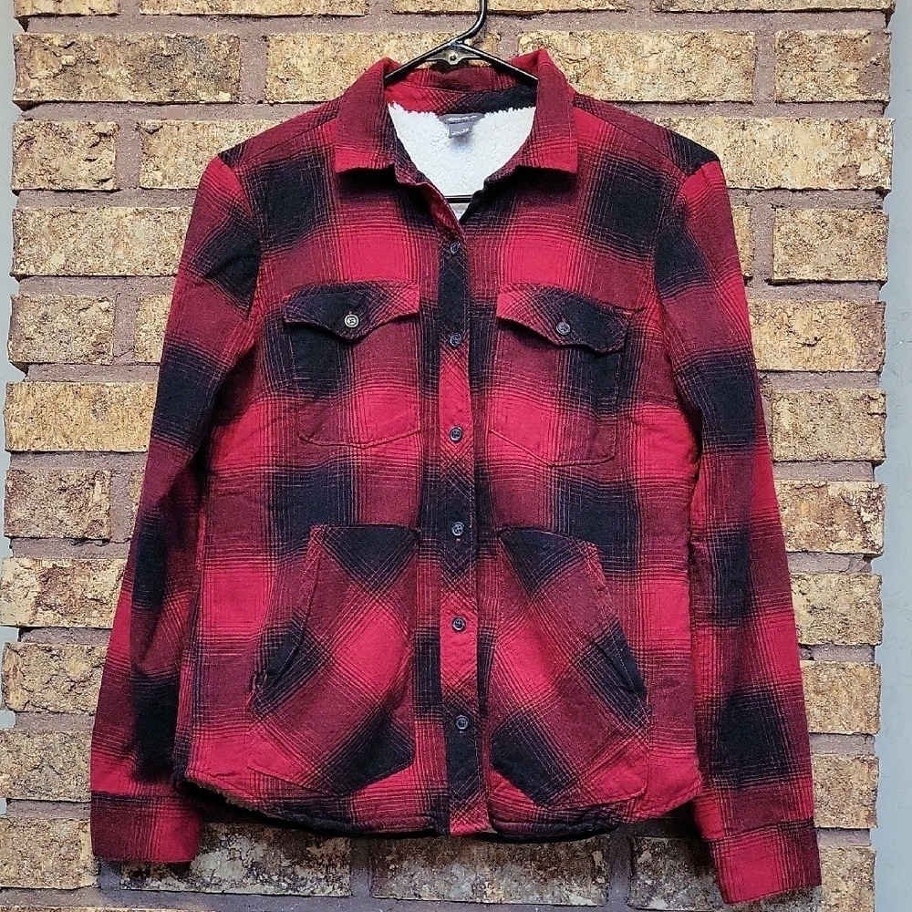 Eddie Bauer Women's Sherpa Lined Plaid Jacket XS Red Black Flannel Cozy